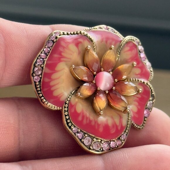Vintage LC Liz Claiborne Brooch Pin Flower Orange Pink Enamel Rhinestones Signed - Picture 4 of 9